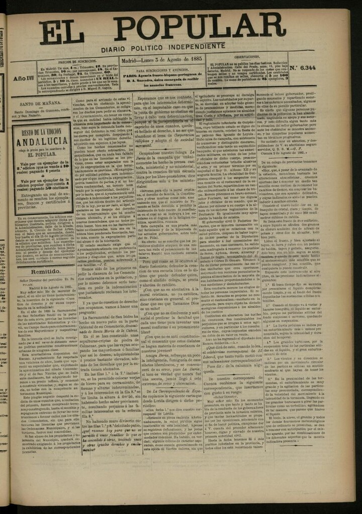 Miniatura de El Popular: diario independiente, político, literario y de noticias de interés general del 3 de agosto de 1885, nº 6344