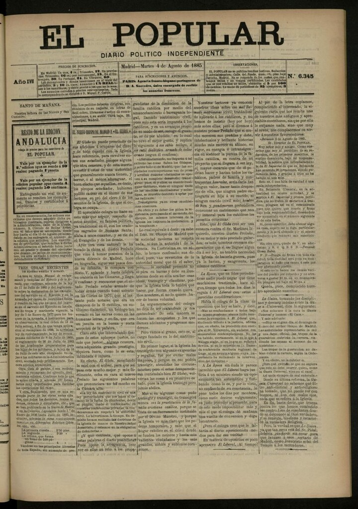 Miniatura de El Popular: diario independiente, político, literario y de noticias de interés general del 4 de agosto de 1885, nº 6345