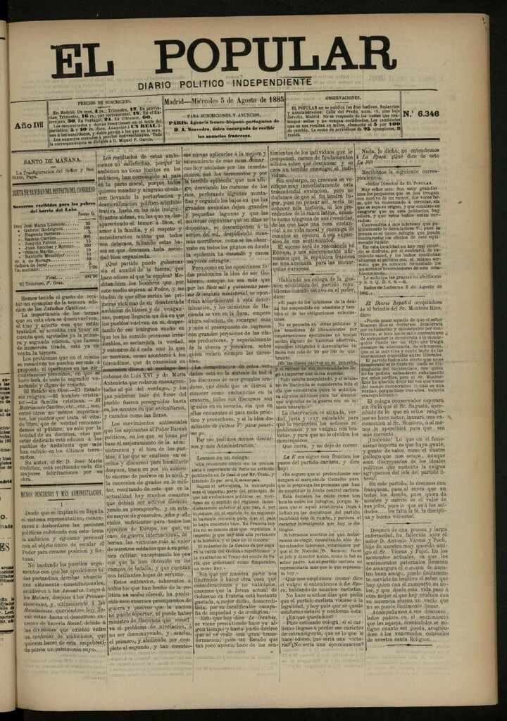 Miniatura de El Popular: diario independiente, político, literario y de noticias de interés general del 5 de agosto de 1885, nº 6346