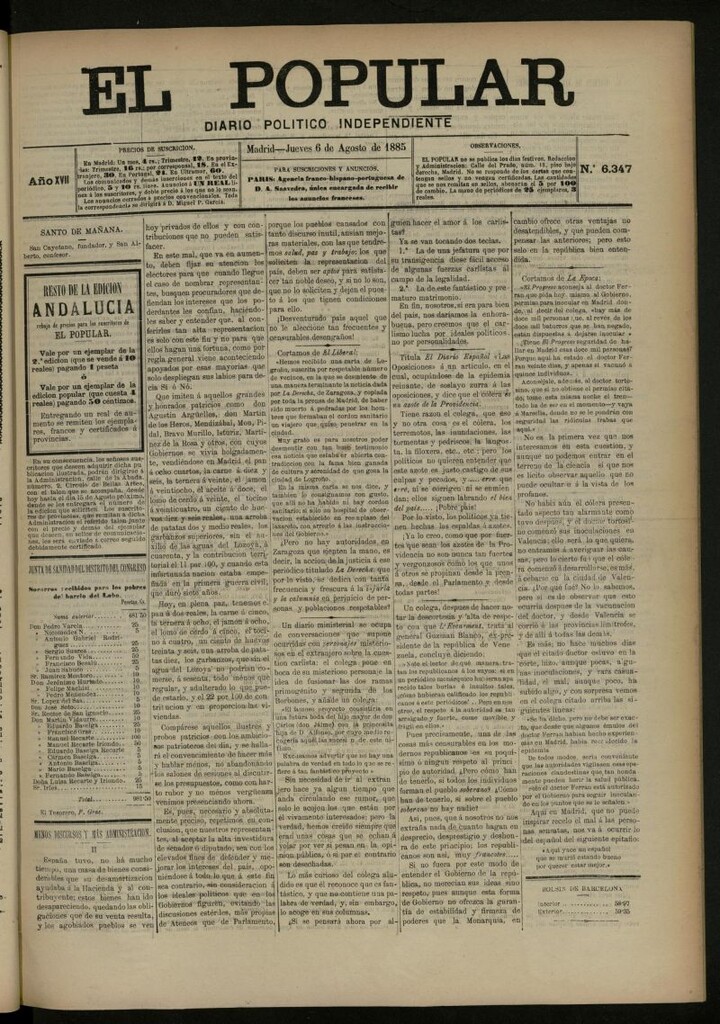 Miniatura de El Popular: diario independiente, político, literario y de noticias de interés general del 6 de agosto de 1885, nº 6347