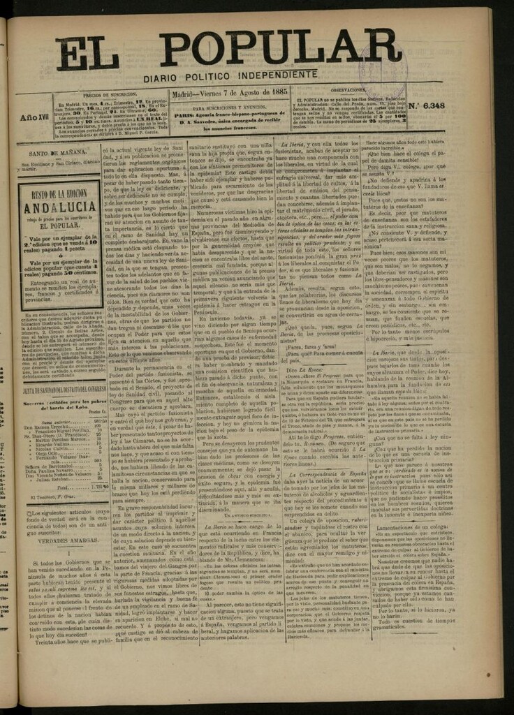 Miniatura de El Popular: diario independiente, político, literario y de noticias de interés general del 7 de agosto de 1885, nº 6348
