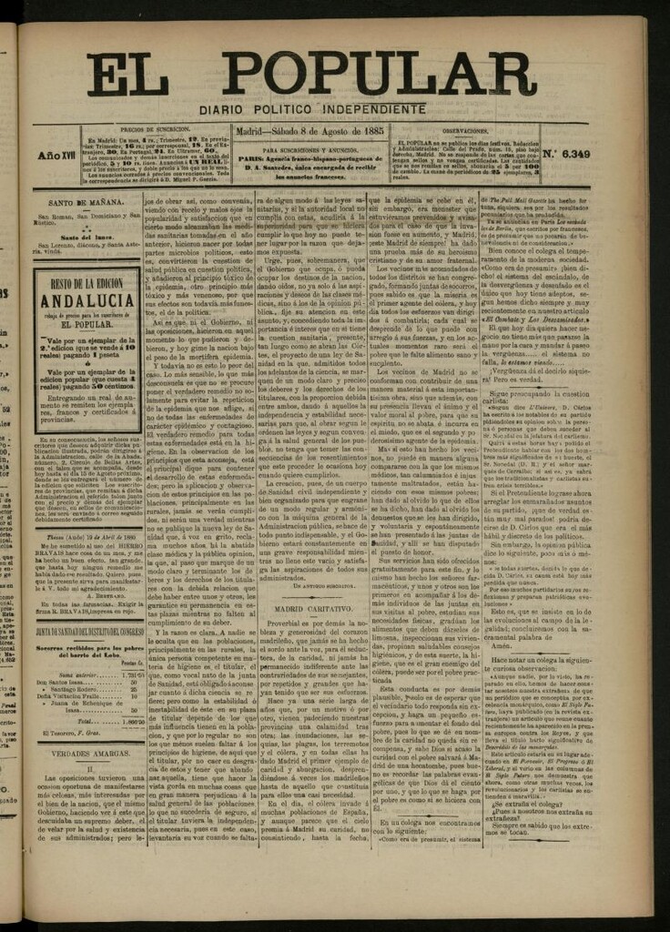 Miniatura de El Popular: diario independiente, político, literario y de noticias de interés general del 8 de agosto de 1885, nº 6349