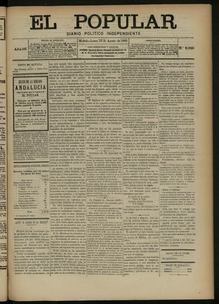 Miniatura de El Popular: diario independiente, político, literario y de noticias de interés general del 10 de agosto de 1885, nº 6350