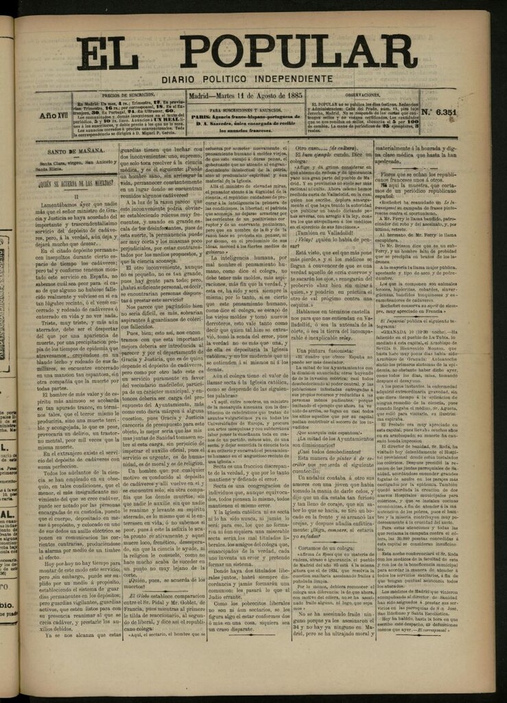 Miniatura de El Popular: diario independiente, político, literario y de noticias de interés general del 11 de agosto de 1885, nº 6351