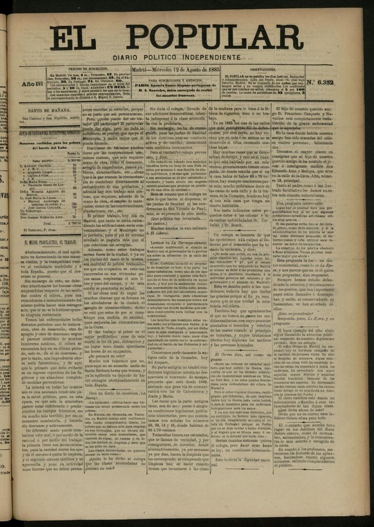 Miniatura de El Popular: diario independiente, político, literario y de noticias de interés general del 12 de agosto de 1885, nº 6352