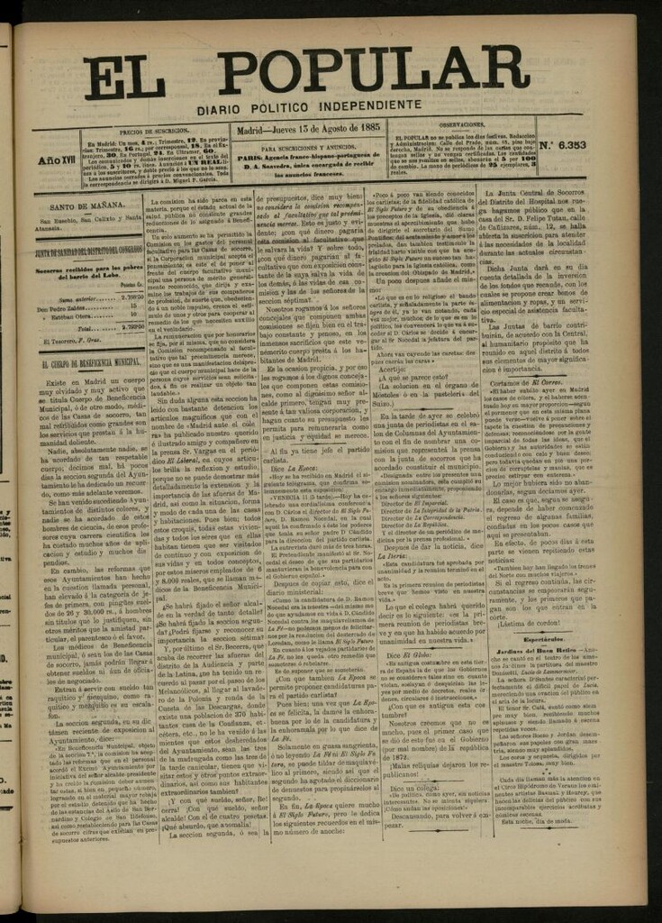 Miniatura de El Popular: diario independiente, político, literario y de noticias de interés general del 13 de agosto de 1885, nº 6353