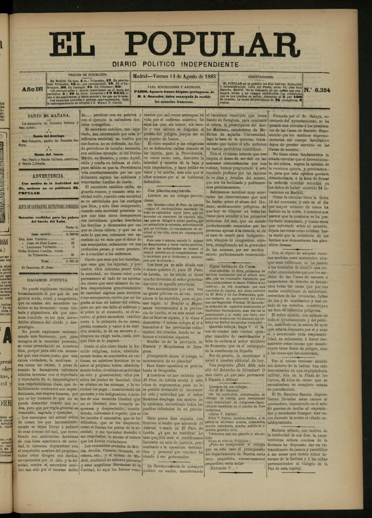 Miniatura de El Popular: diario independiente, político, literario y de noticias de interés general del 14 de agosto de 1885, nº 6354