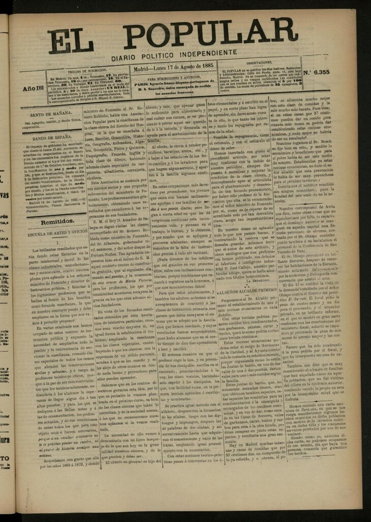 Miniatura de El Popular: diario independiente, político, literario y de noticias de interés general del 17 de agosto de 1885, nº 6355