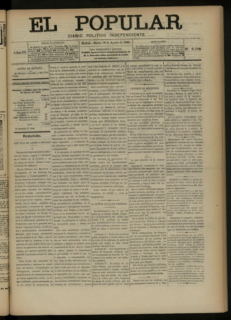 Miniatura de El Popular: diario independiente, político, literario y de noticias de interés general del 18 de agosto de 1885, nº 6356