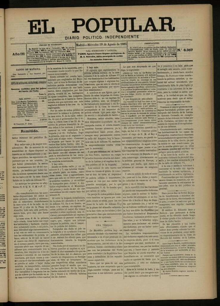 Miniatura de El Popular: diario independiente, político, literario y de noticias de interés general del 19 de agosto de 1885, nº 6357