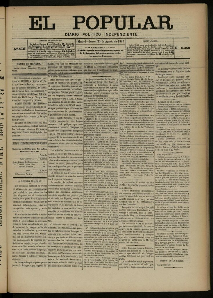 Miniatura de El Popular: diario independiente, político, literario y de noticias de interés general del 20 de agosto de 1885, nº 6358