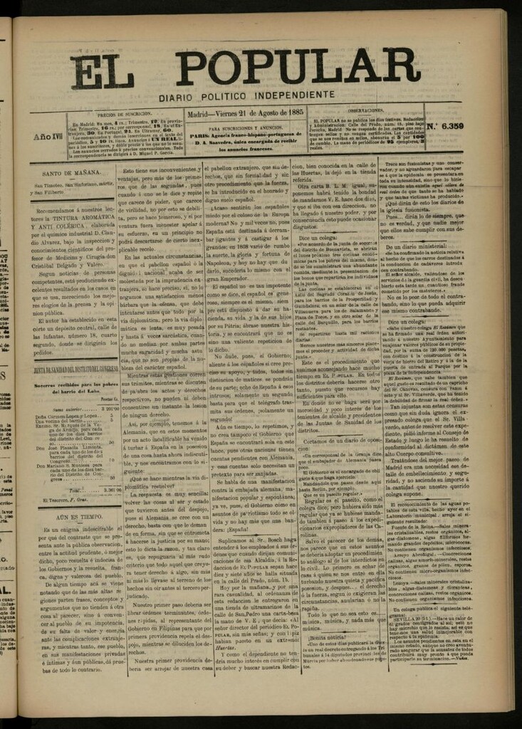 Miniatura de El Popular: diario independiente, político, literario y de noticias de interés general del 21 de agosto de 1885, nº 6359