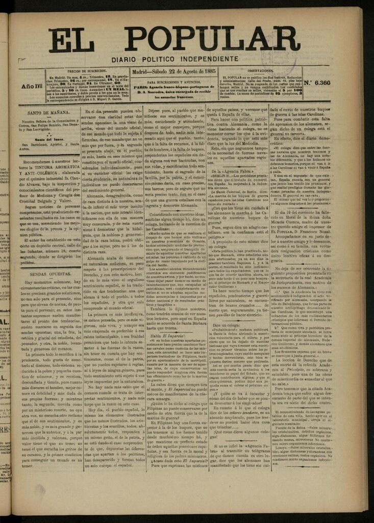 Miniatura de El Popular: diario independiente, político, literario y de noticias de interés general del 22 de agosto de 1885, nº 6360