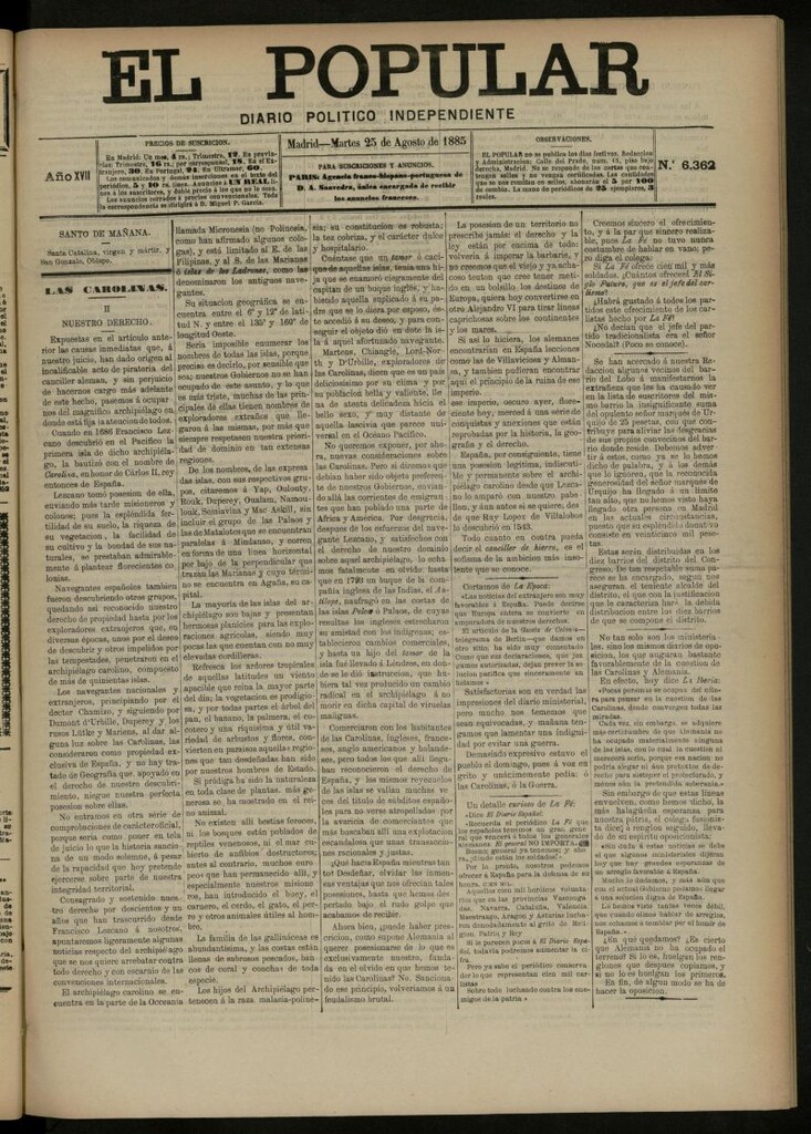 Miniatura de El Popular: diario independiente, político, literario y de noticias de interés general del 25 de agosto de 1885, nº 6362