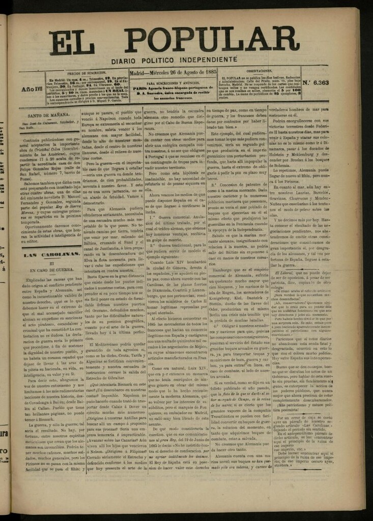 Miniatura de El Popular: diario independiente, político, literario y de noticias de interés general del 26 de agosto de 1885, nº 6363