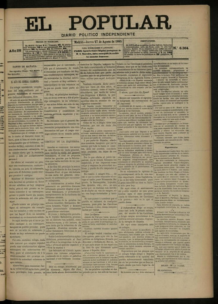 Miniatura de El Popular: diario independiente, político, literario y de noticias de interés general del 27 de agosto de 1885, nº 6364