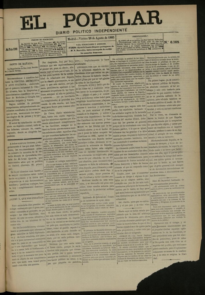 Miniatura de El Popular: diario independiente, político, literario y de noticias de interés general del 28 de agosto de 1885, nº 6365