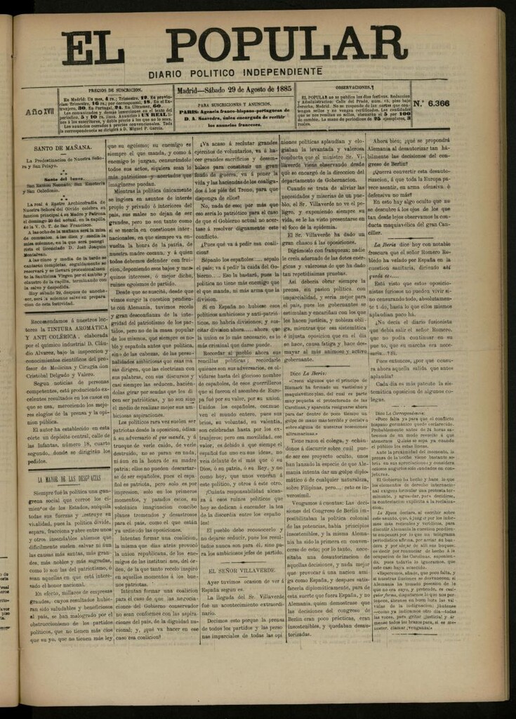Miniatura de El Popular: diario independiente, político, literario y de noticias de interés general del 29 de agosto de 1885, nº 6366