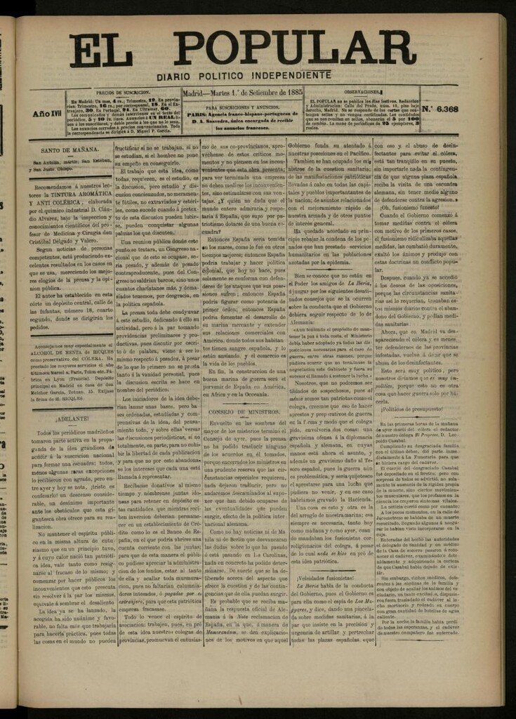 Miniatura de El Popular: diario independiente, político, literario y de noticias de interés general del 1 de septiembre de 1885, nº 6368