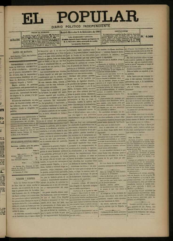 Miniatura de El Popular: diario independiente, político, literario y de noticias de interés general del 2 de septiembre de 1885, nº 6369