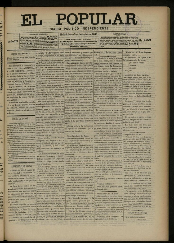 Miniatura de El Popular: diario independiente, político, literario y de noticias de interés general del 3 de septiembre de 1885, nº 6370