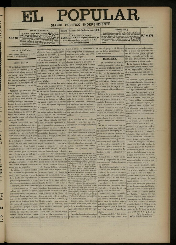 Miniatura de El Popular: diario independiente, político, literario y de noticias de interés general del 4 de septiembre de 1885, nº 6371