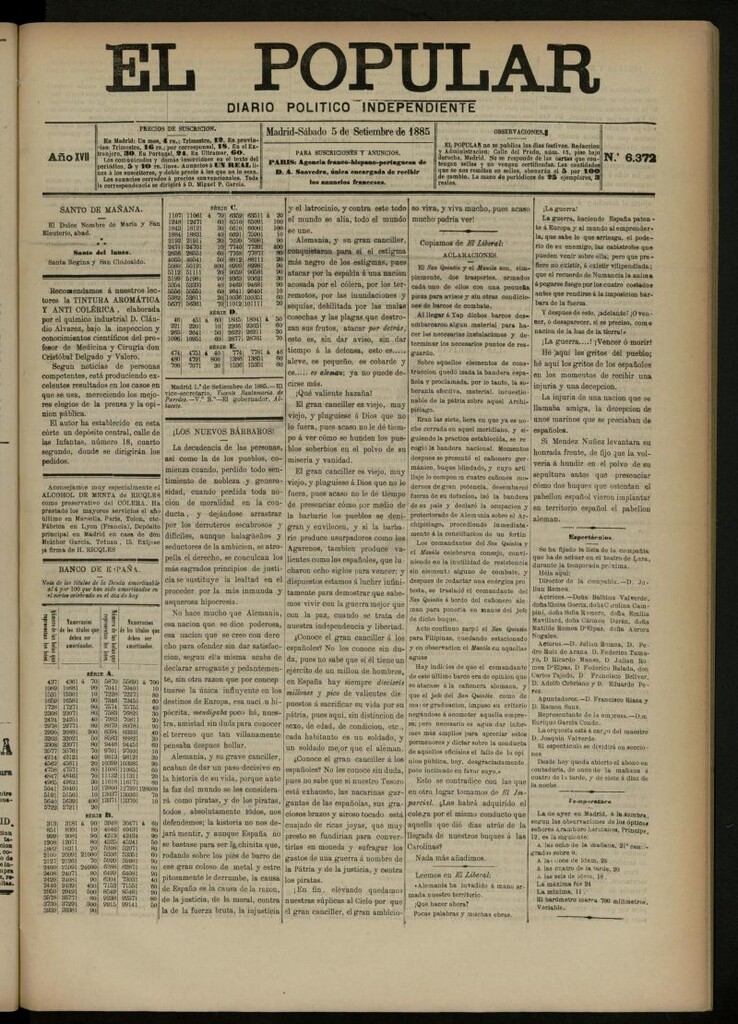 Miniatura de El Popular: diario independiente, político, literario y de noticias de interés general del 5 de septiembre de 1885, nº 6372