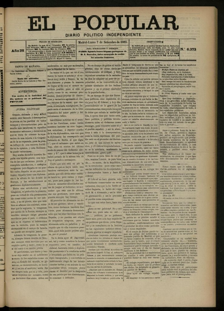 Miniatura de El Popular: diario independiente, político, literario y de noticias de interés general del 7 de septiembre de 1885, nº 6373