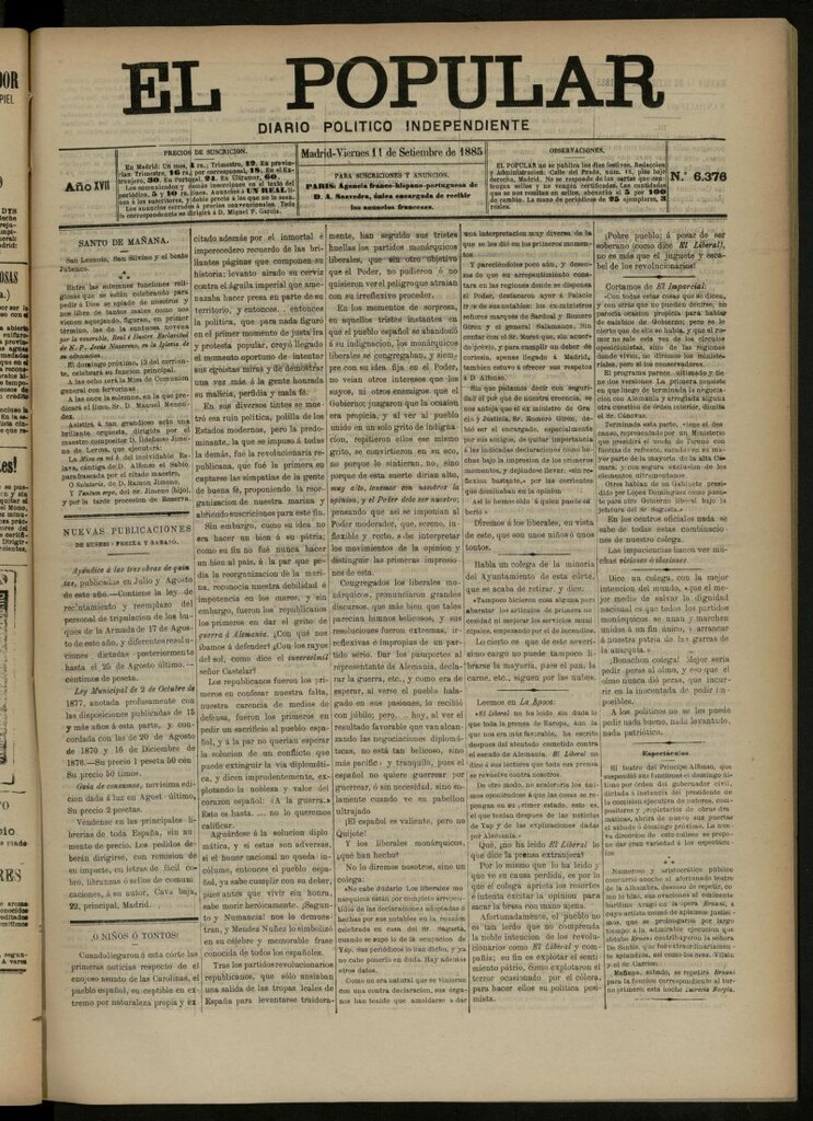 Miniatura de El Popular: diario independiente, político, literario y de noticias de interés general del 11 de septiembre de 1885, nº 6376