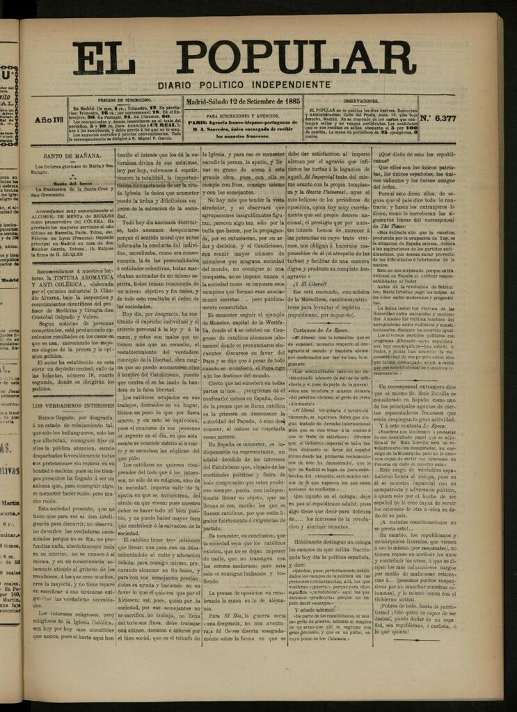 Miniatura de El Popular: diario independiente, político, literario y de noticias de interés general del 12 de septiembre de 1885, nº 6377