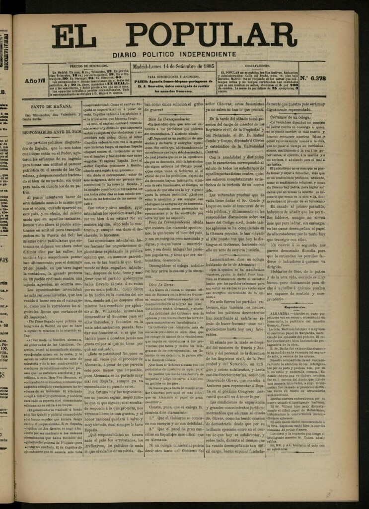 Miniatura de El Popular: diario independiente, político, literario y de noticias de interés general del 14 de septiembre de 1885, nº 6378
