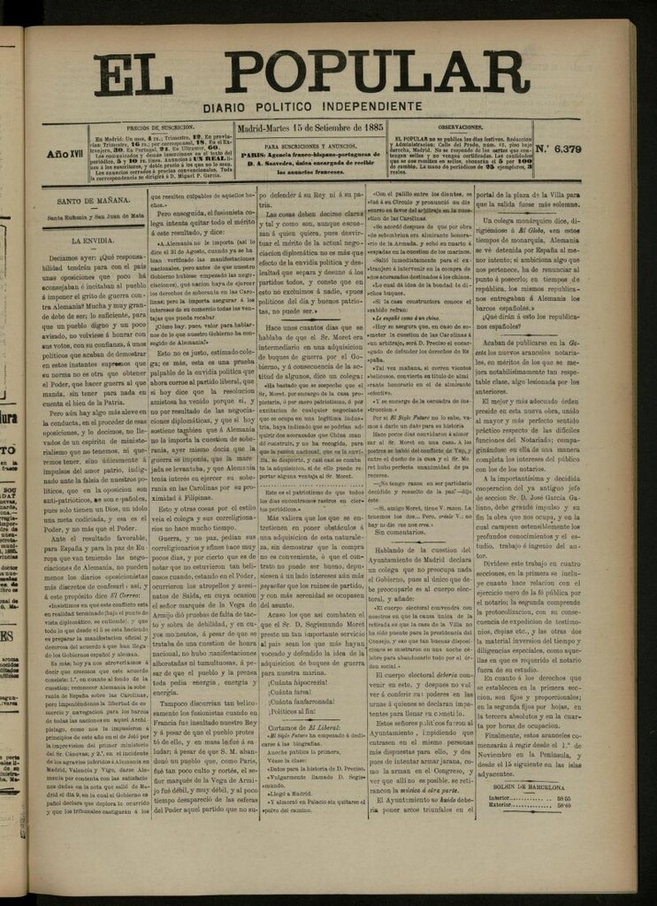 Miniatura de El Popular: diario independiente, político, literario y de noticias de interés general del 15 de septiembre de 1885, nº 6379