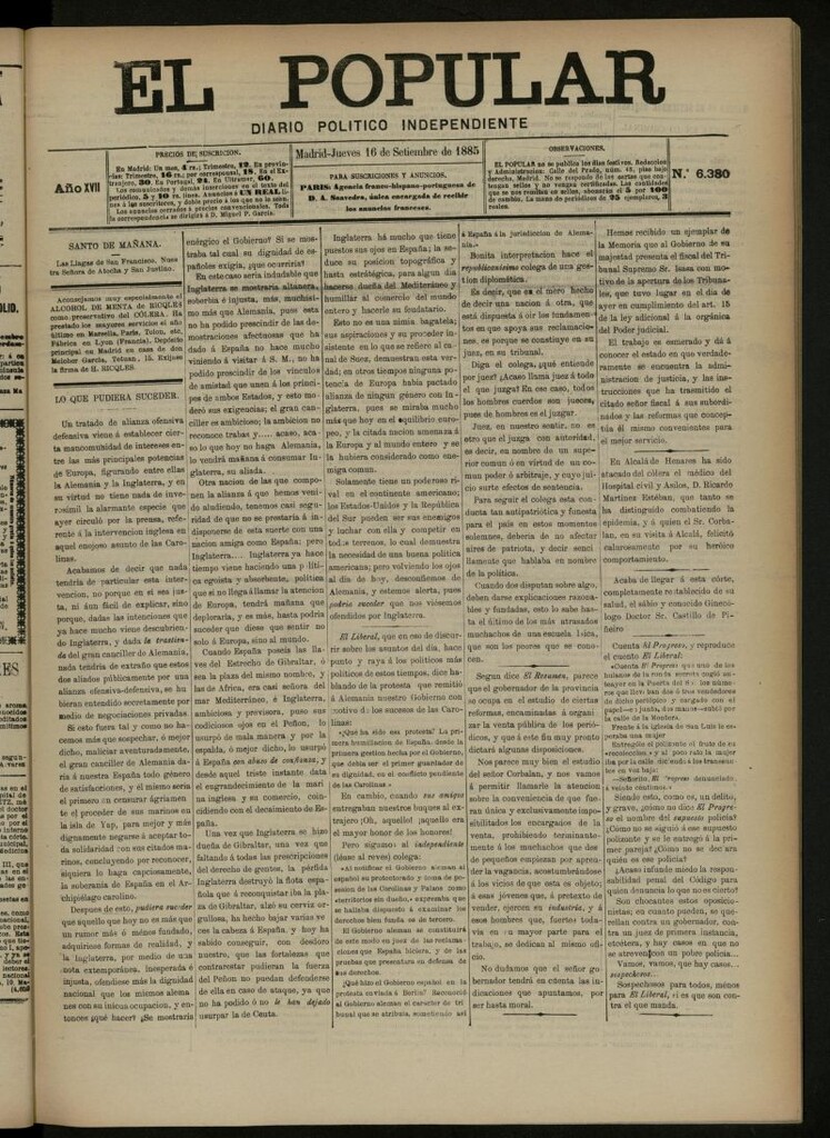 Miniatura de El Popular: diario independiente, político, literario y de noticias de interés general del 16 de septiembre de 1885, nº 6380