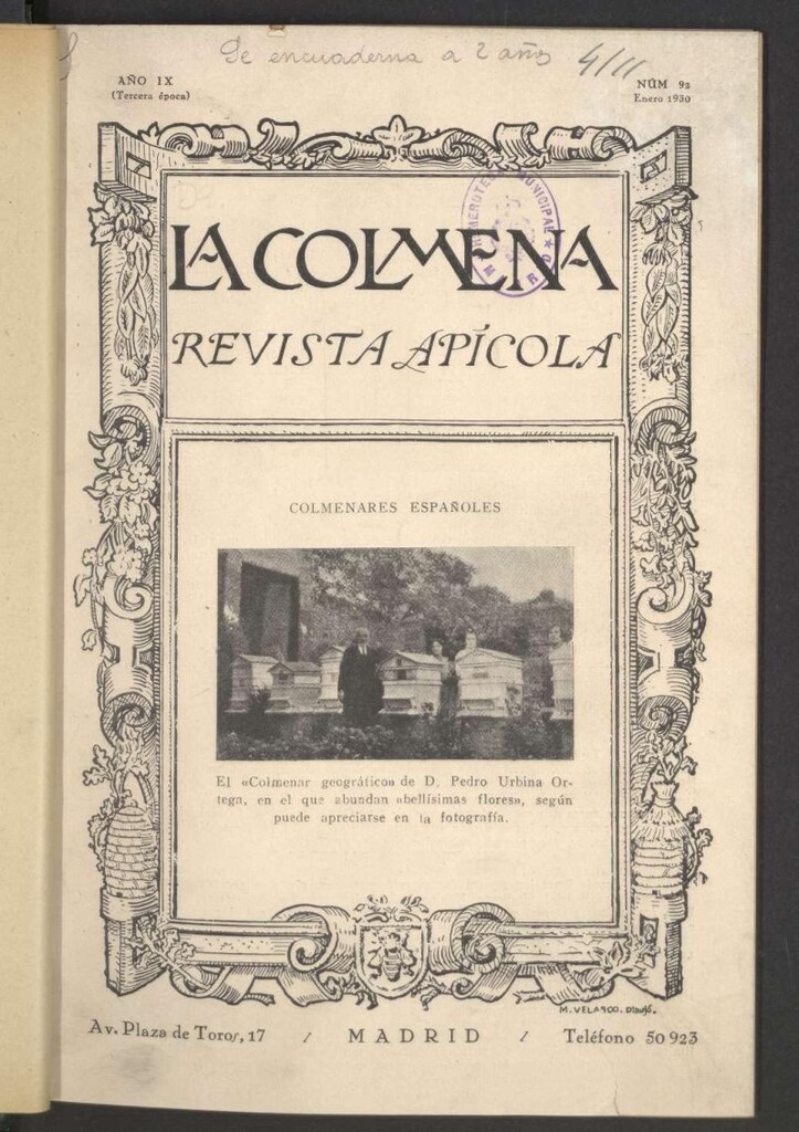 Miniatura de La Colmena : órgano de la Federación de Apicultores españoles establecida en la sección de apicultura de la Confederación Nacional Católico-Agraria. Nº 92