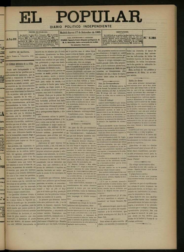 Miniatura de El Popular: diario independiente, político, literario y de noticias de interés general del 17 de septiembre de 1885, nº 6381