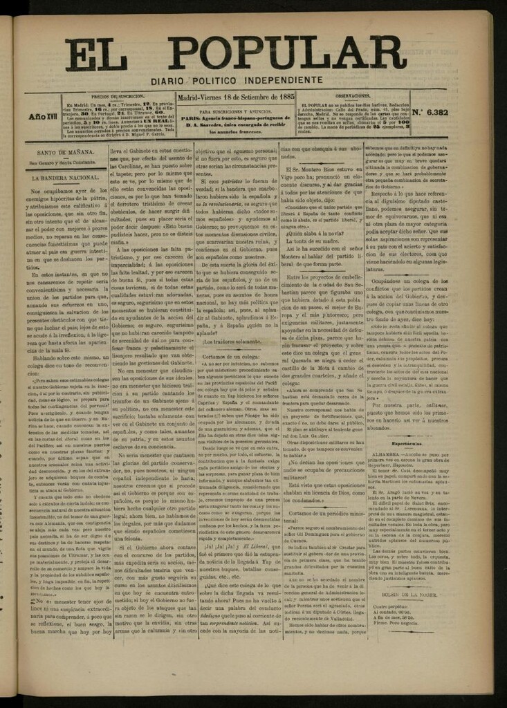Miniatura de El Popular: diario independiente, político, literario y de noticias de interés general del 18 de septiembre de 1885, nº 6382