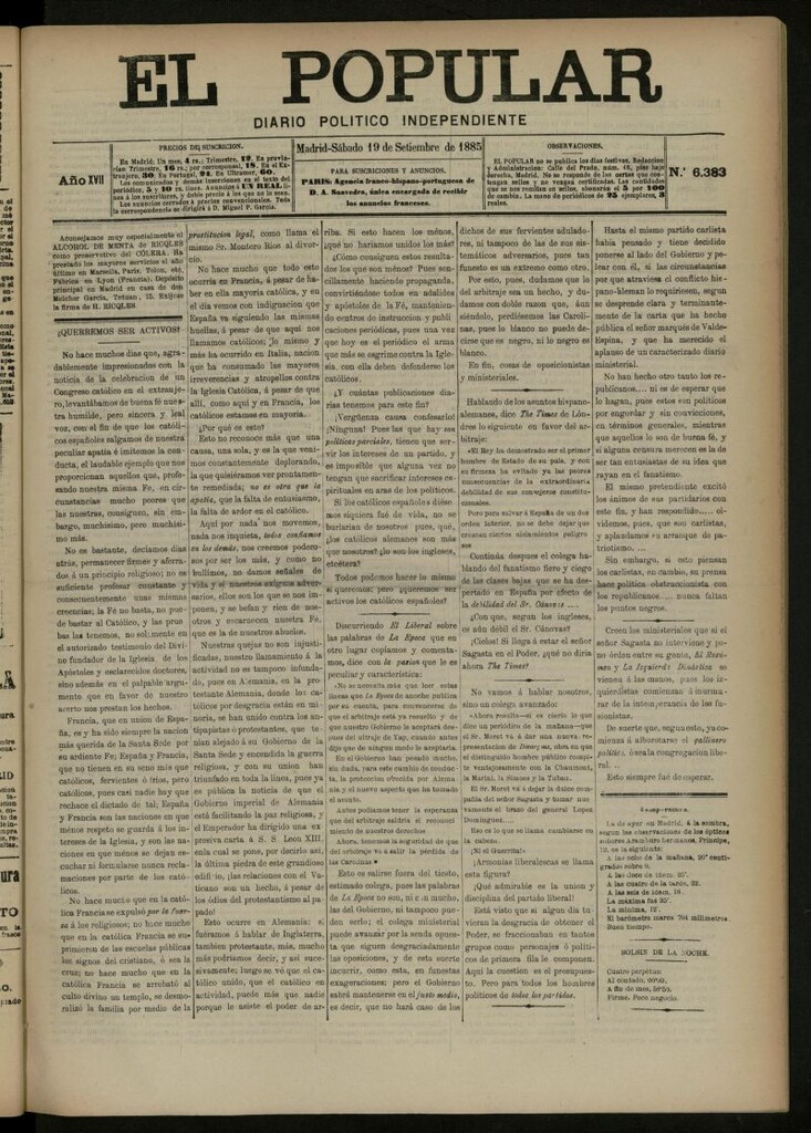 Miniatura de El Popular: diario independiente, político, literario y de noticias de interés general del 19 de septiembre de 1885, nº 6383