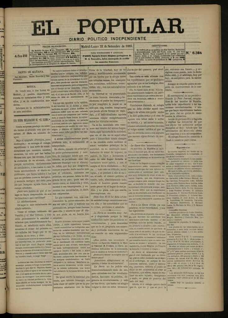 Miniatura de El Popular: diario independiente, político, literario y de noticias de interés general del 21 de septiembre de 1885, nº 6384