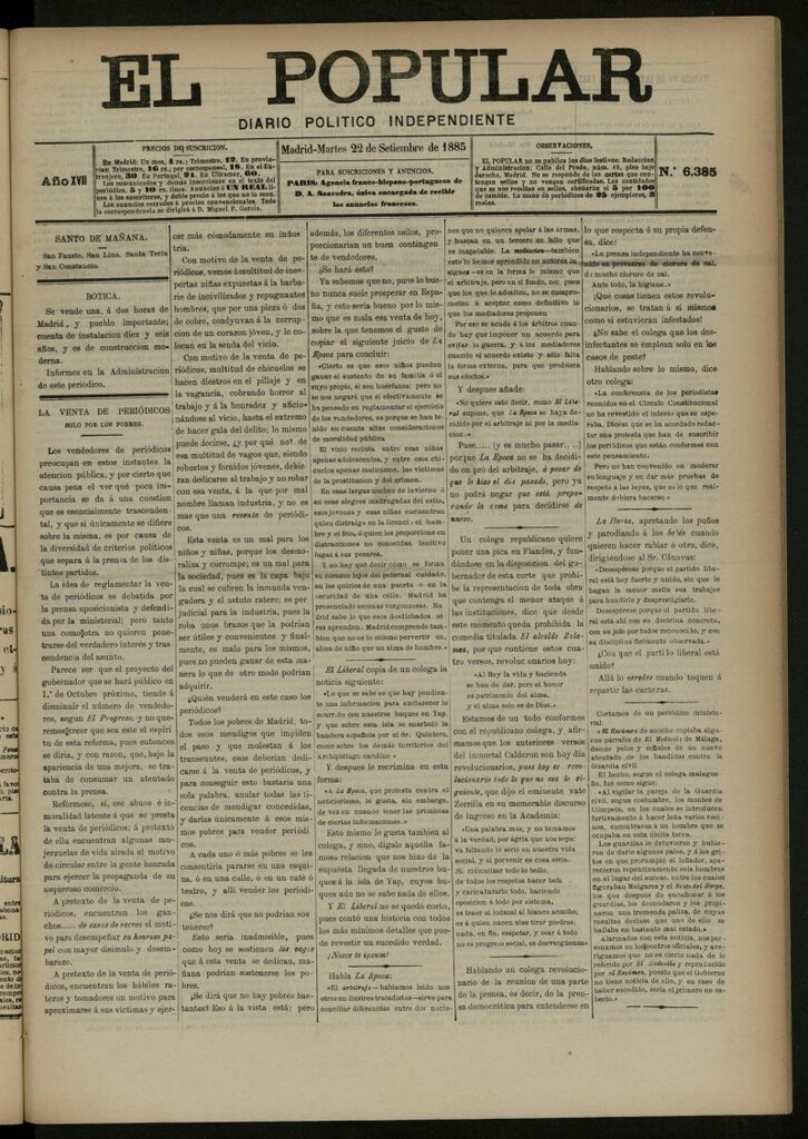 Miniatura de El Popular: diario independiente, político, literario y de noticias de interés general del 22 de septiembre de 1885, nº 6385
