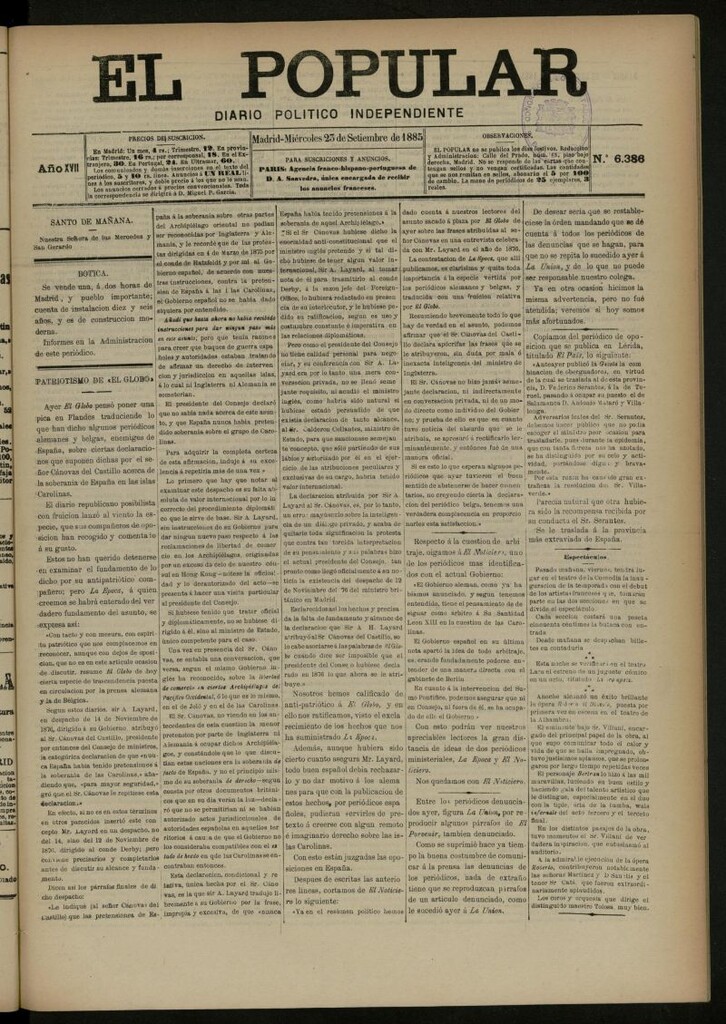 Miniatura de El Popular: diario independiente, político, literario y de noticias de interés general del 23 de septiembre de 1885, nº 6386