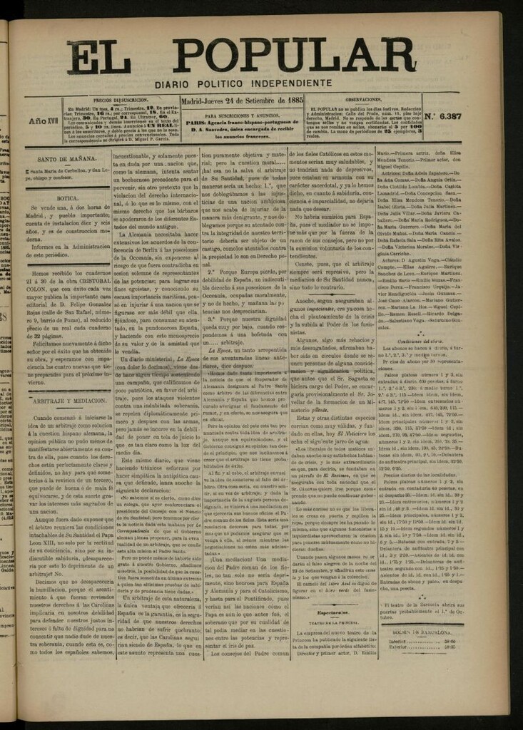 Miniatura de El Popular: diario independiente, político, literario y de noticias de interés general del 24 de septiembre de 1885, nº 6387