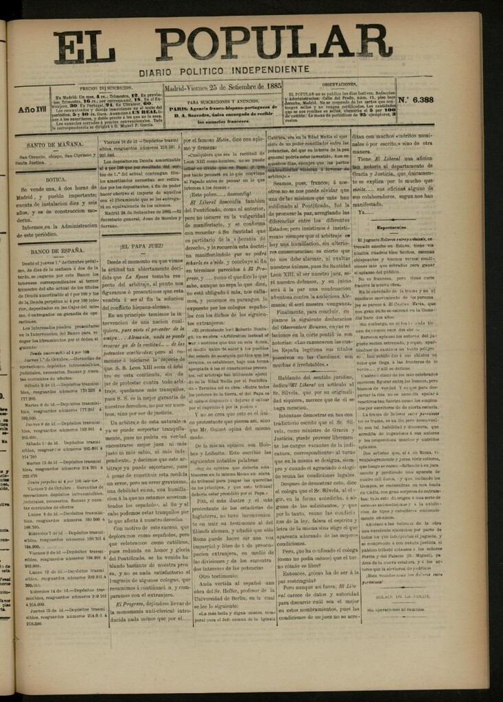 Miniatura de El Popular: diario independiente, político, literario y de noticias de interés general del 25 de septiembre de 1885, nº 6388