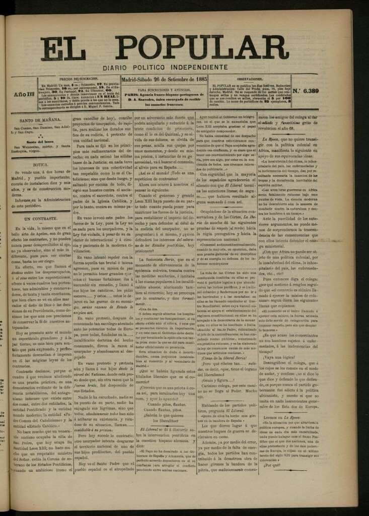 Miniatura de El Popular: diario independiente, político, literario y de noticias de interés general del 26 de septiembre de 1885, nº 6389