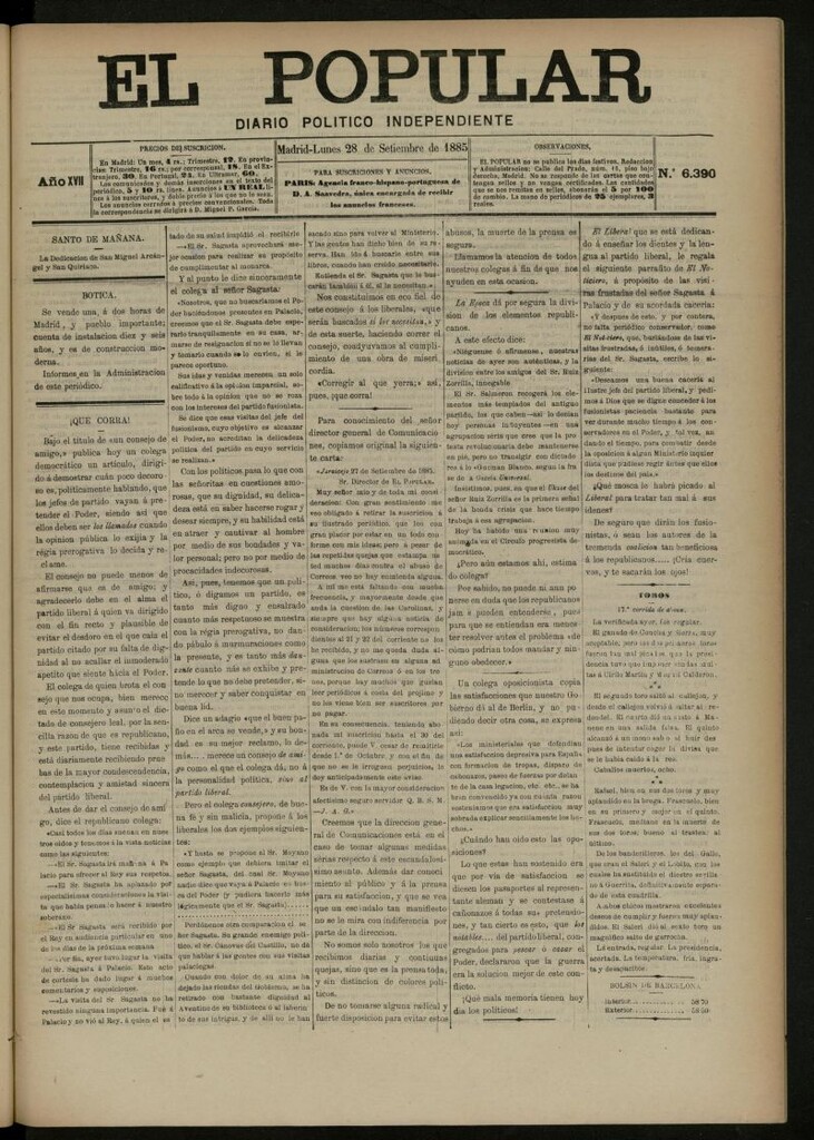 Miniatura de El Popular: diario independiente, político, literario y de noticias de interés general del 28 de septiembre de 1885, nº 6390