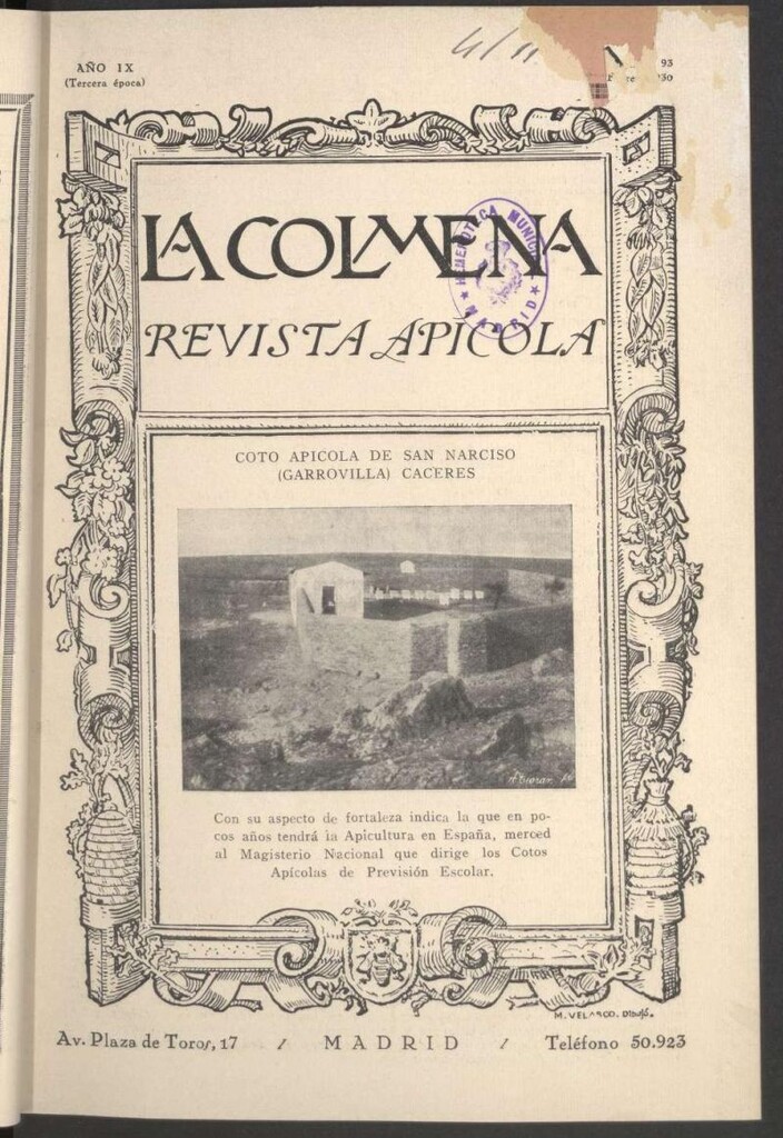 Miniatura de La Colmena : órgano de la Federación de Apicultores españoles establecida en la sección de apicultura de la Confederación Nacional Católico-Agraria. Nº 93