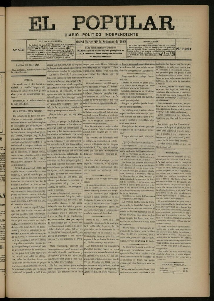 Miniatura de El Popular: diario independiente, político, literario y de noticias de interés general del 29 de septiembre de 1885, nº 6391
