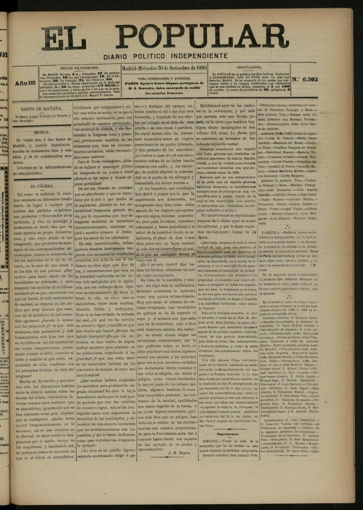 Miniatura de El Popular: diario independiente, político, literario y de noticias de interés general del 30 de septiembre de 1885, nº 6392
