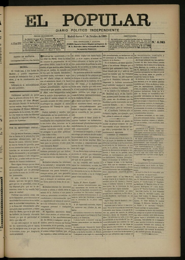 Miniatura de El Popular: diario independiente, político, literario y de noticias de interés general del 1 de octubre de 1885, nº 6393