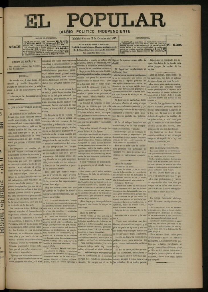 Miniatura de El Popular: diario independiente, político, literario y de noticias de interés general del 2 de octubre de 1885, nº 6394