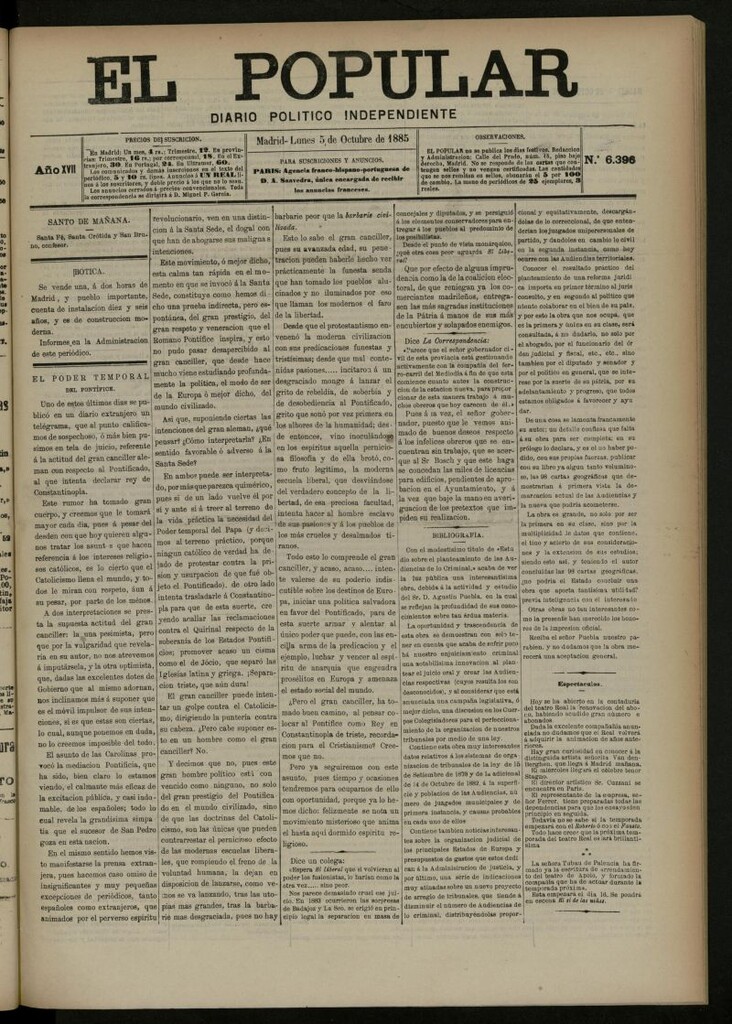 Miniatura de El Popular: diario independiente, político, literario y de noticias de interés general del 5 de octubre de 1885, nº 6396
